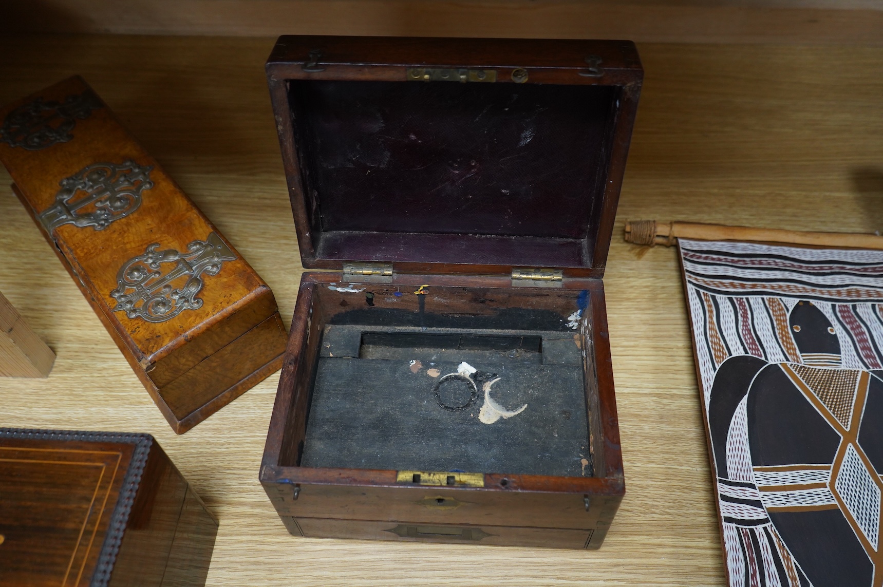 Four boxes to include a burr elm bound example, together with a French inlaid ‘Thé’ caddy with porcelain canisters, largest 32cm wide